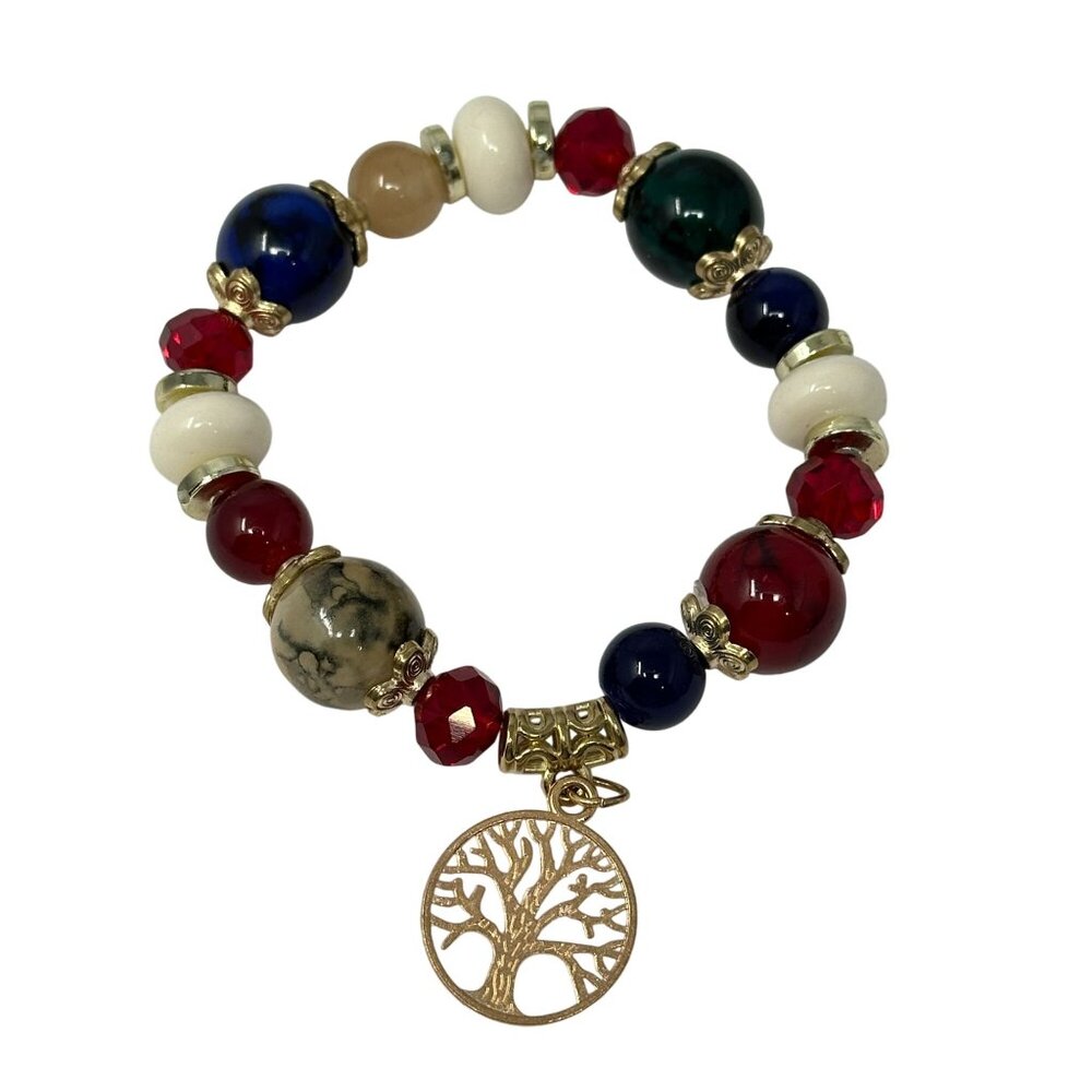 Tree of Life Beaded Stretch Bracelet Blue Red White Gold Tone Pendant